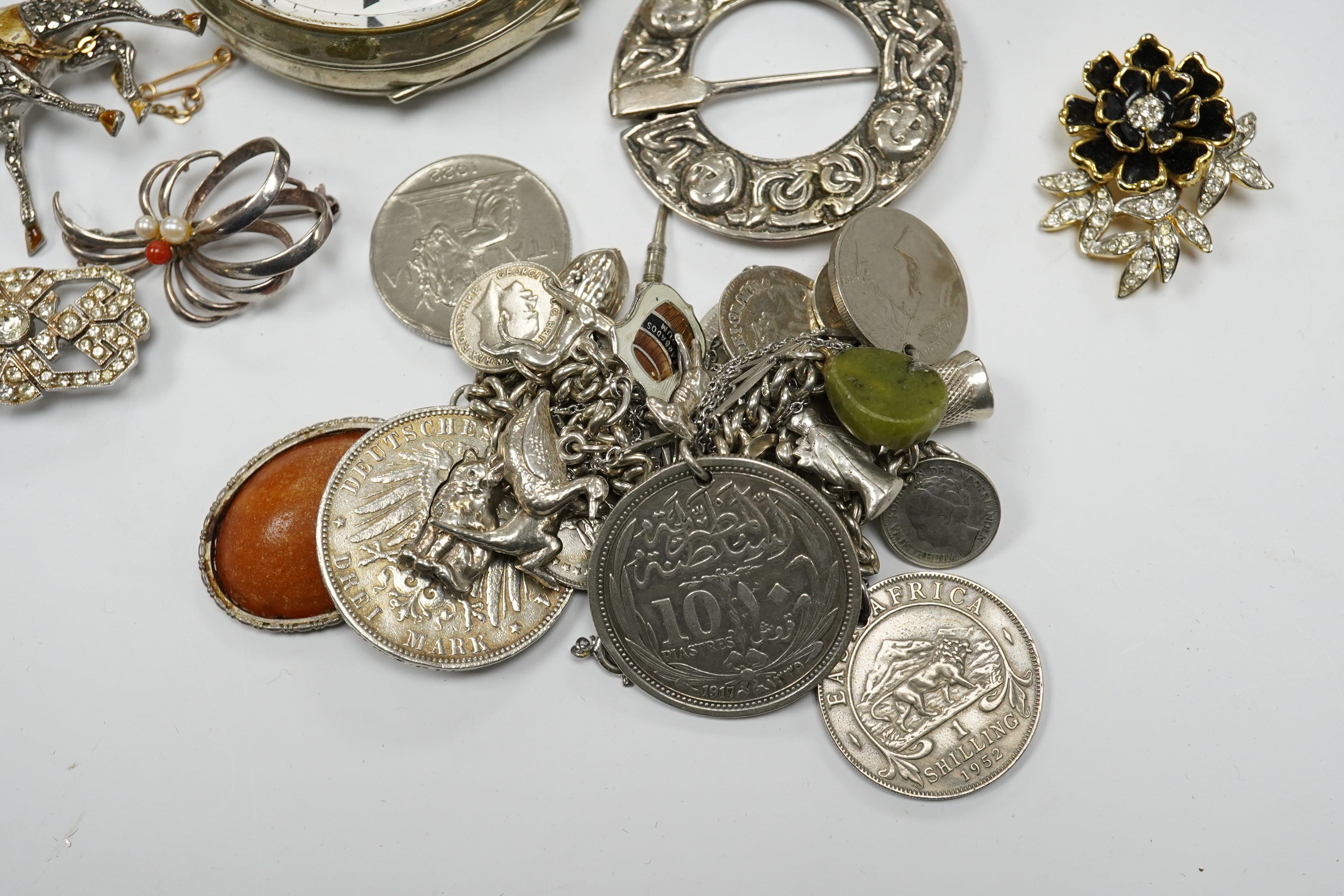 Assorted jewellery etc. including a silver bangle, a white metal Celtic style brooch and a Weir & Son nickel cased pocket watch. Condition - poor to fair to good.